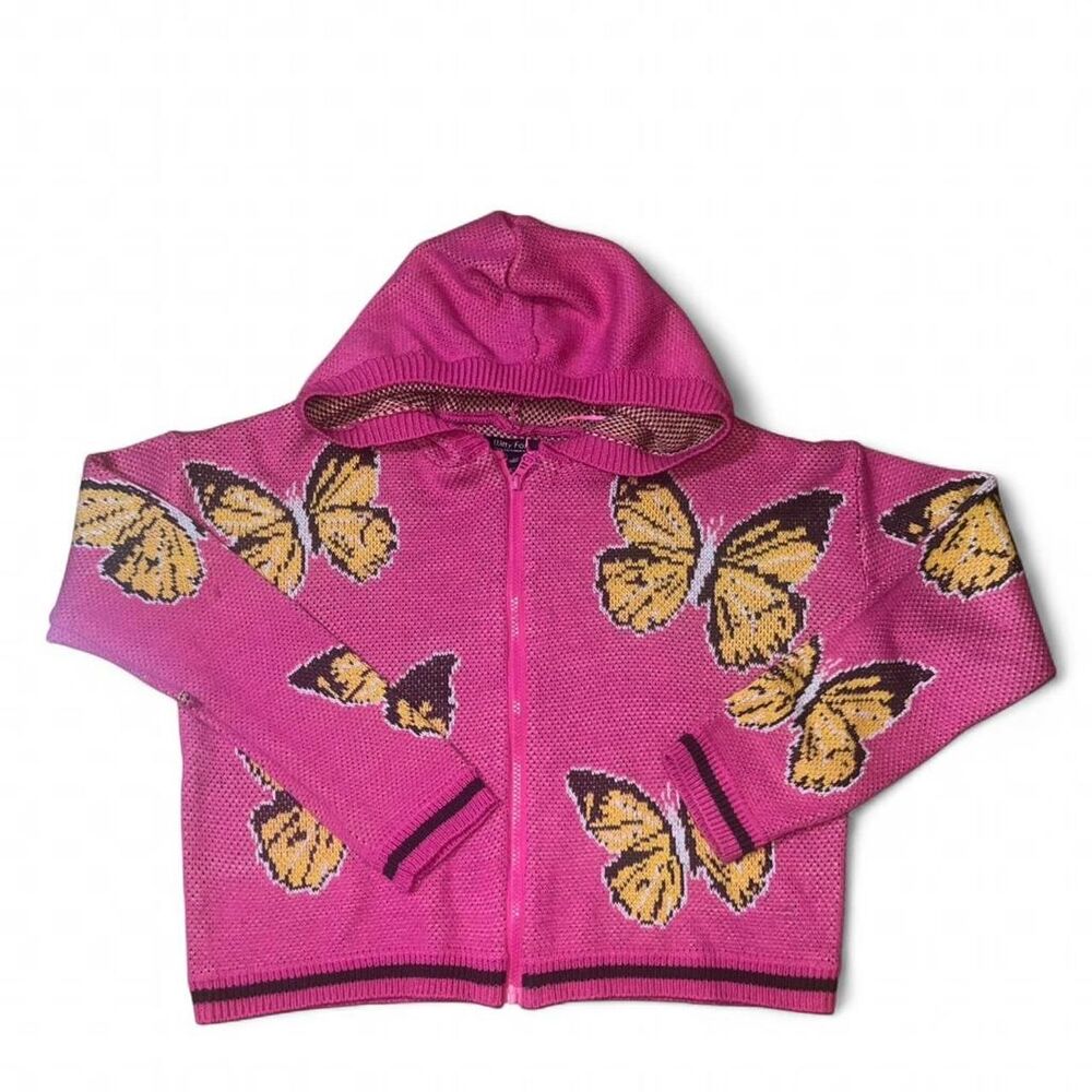 Witty Fox Women's Pink and Orange Butterfly Knit Zip Up Hoodie SZ XS Flaw